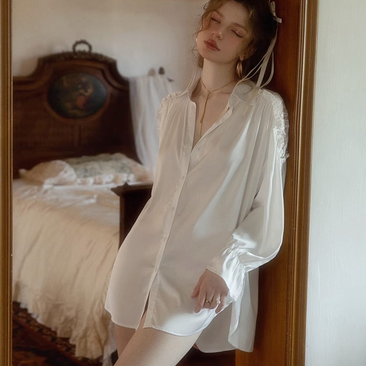 Allen boyfriend shirt lace and satin slip LOVEFREYA Small White Intimates