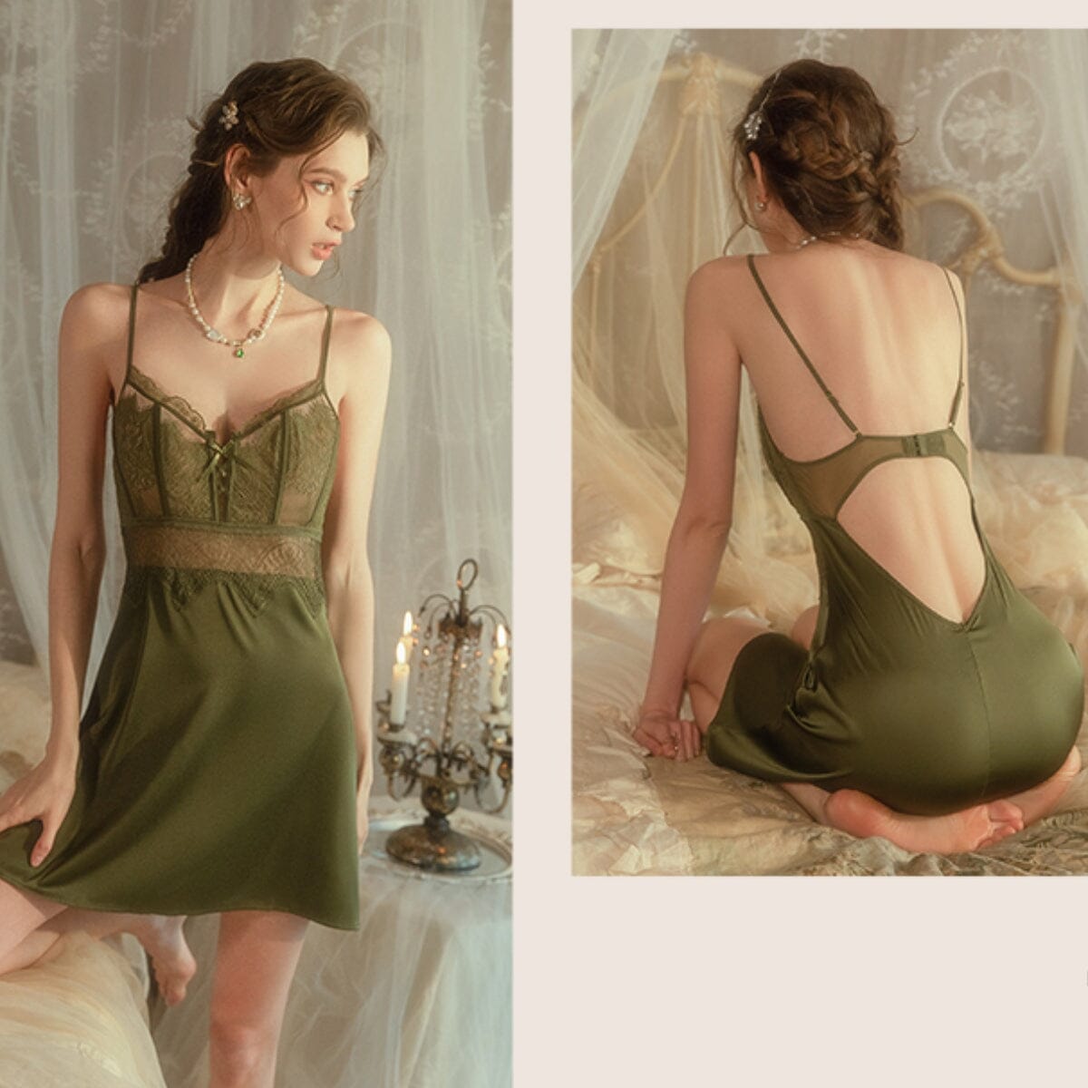 Almila lace and satin slip LOVEFREYA Small Olive green Intimates