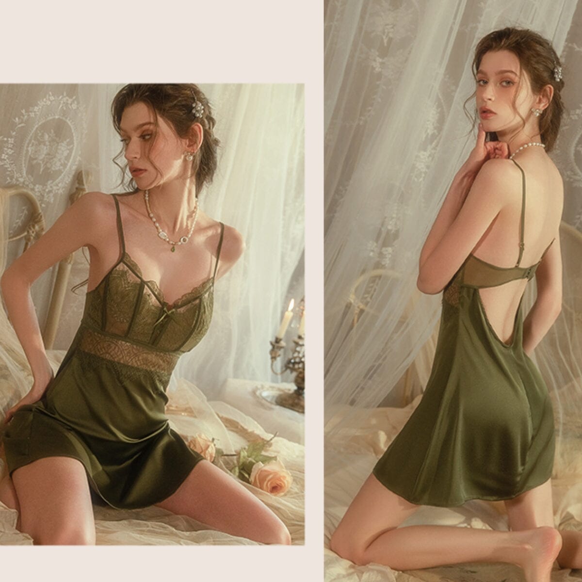 Almila lace and satin slip LOVEFREYA Small Olive green Intimates