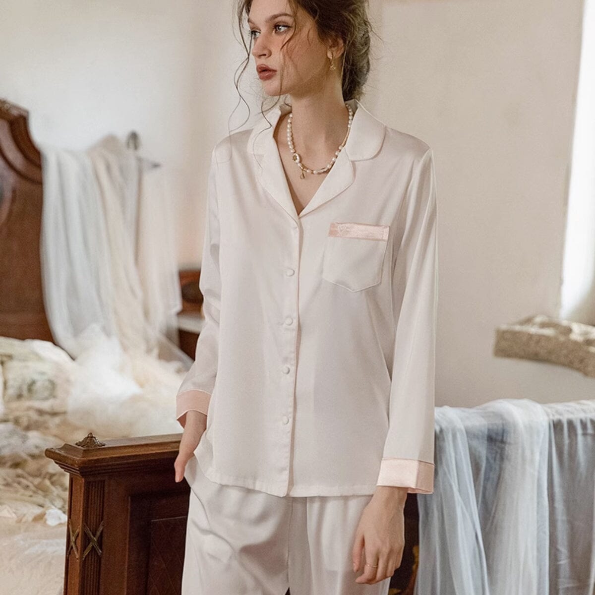 Haley long sleeve satin PJ set LOVEFREYA Small White Intimates