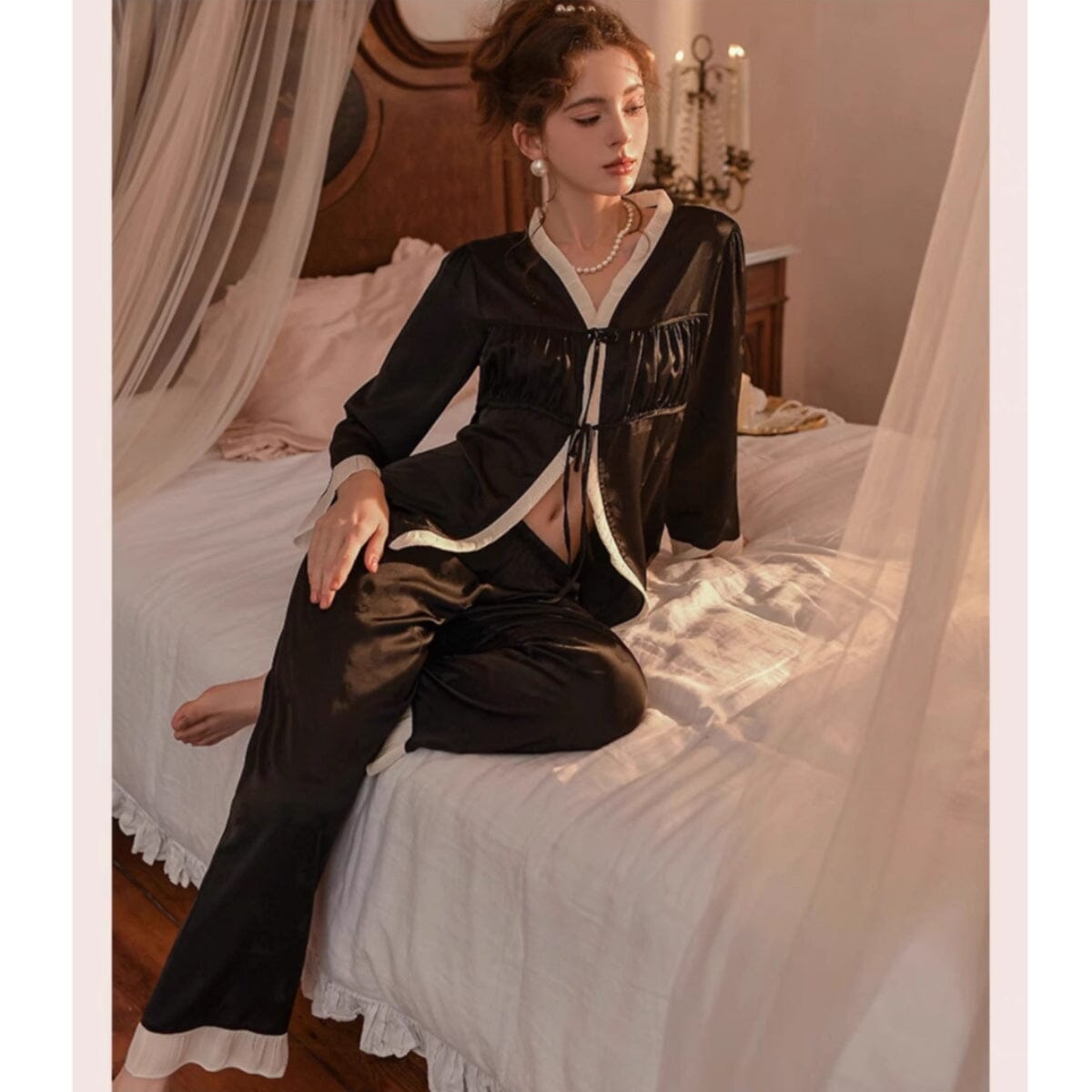 Krys long sleeve satin PJ set LOVEFREYA Small Black Intimates