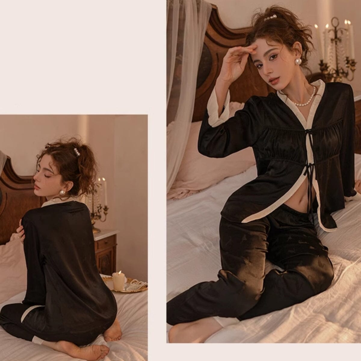 Krys long sleeve satin PJ set LOVEFREYA Small Black Intimates