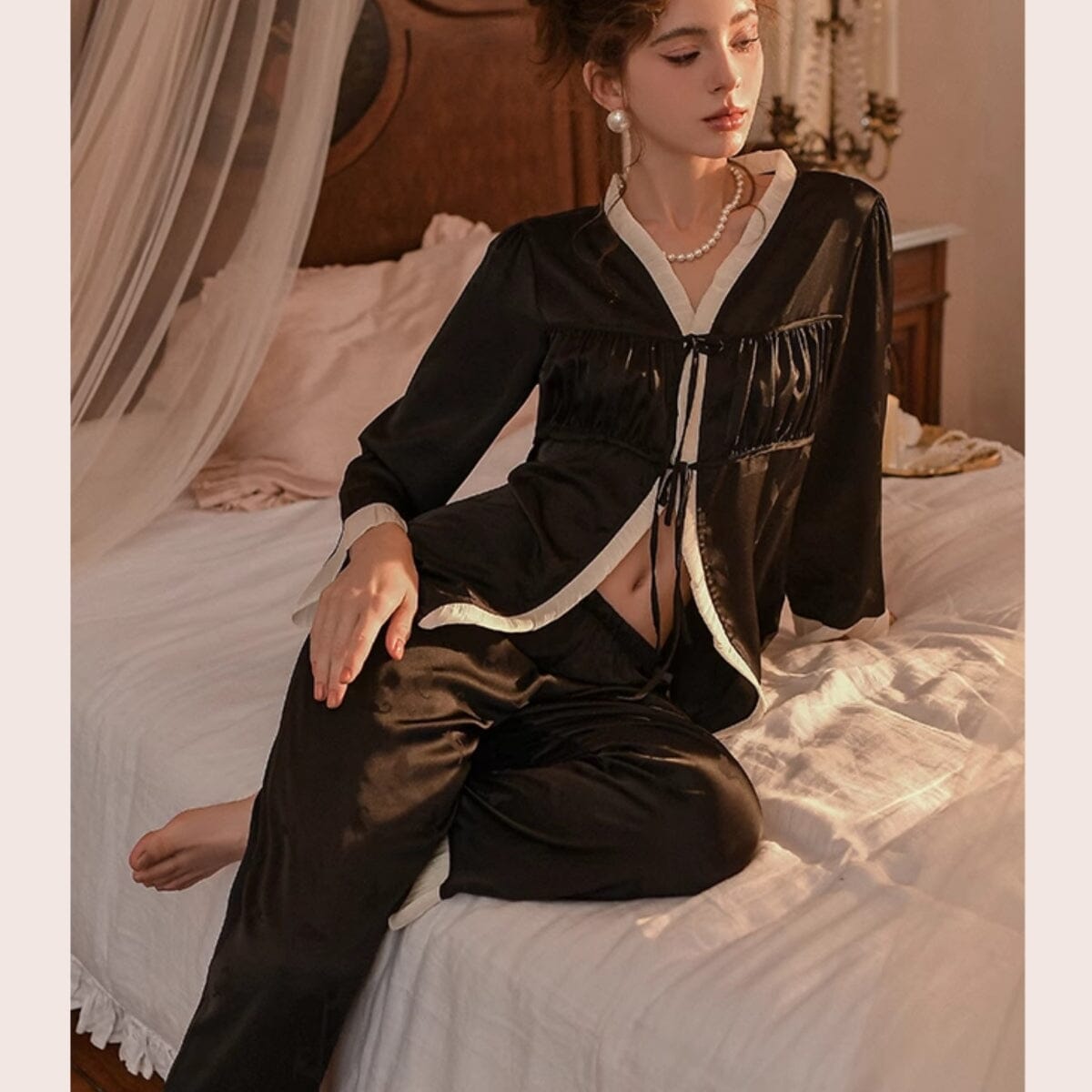 Krys long sleeve satin PJ set LOVEFREYA Small Black Intimates