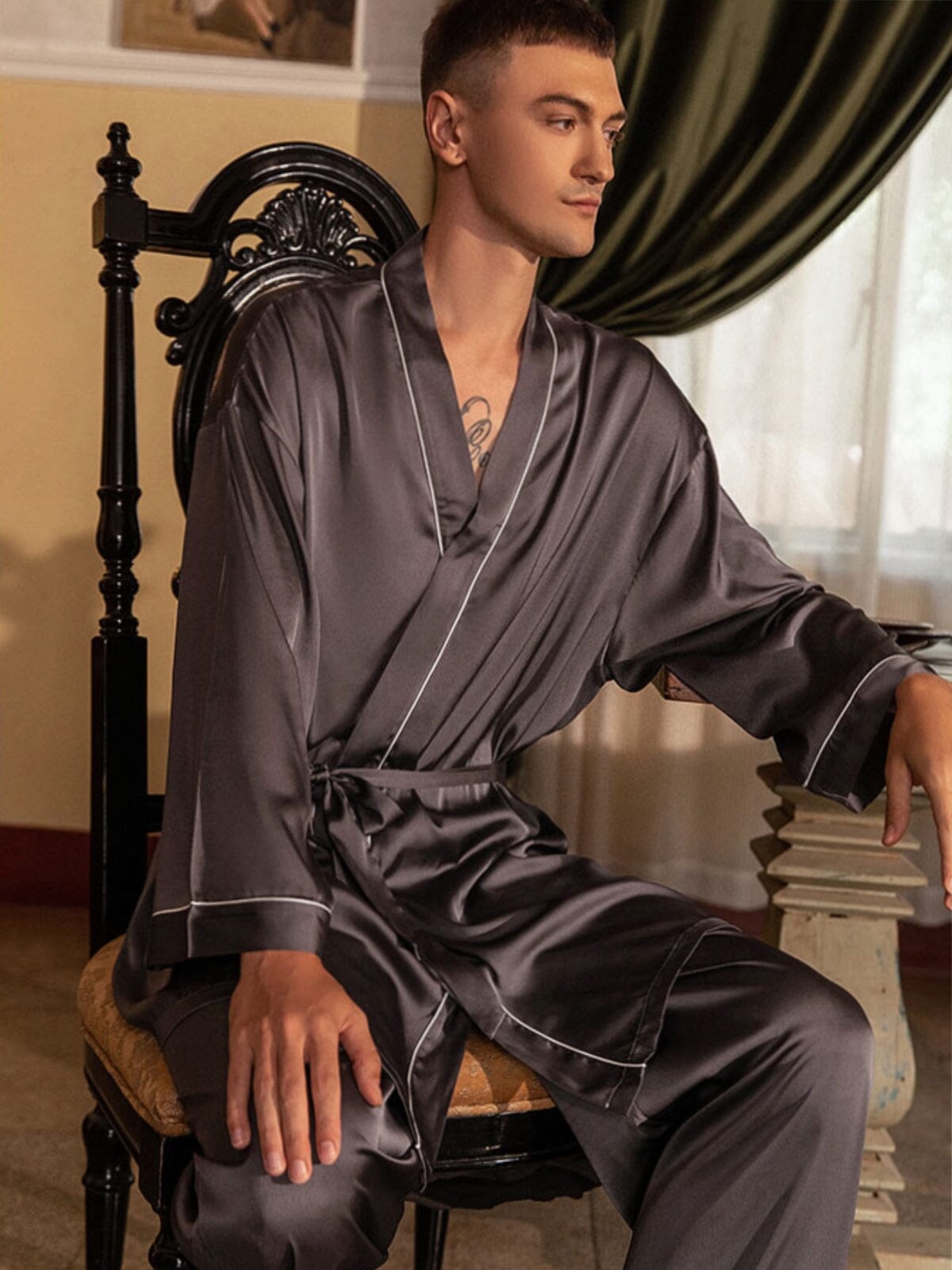 Oxford men satin robe set LOVEFREYA Small Greyish blue Intimates