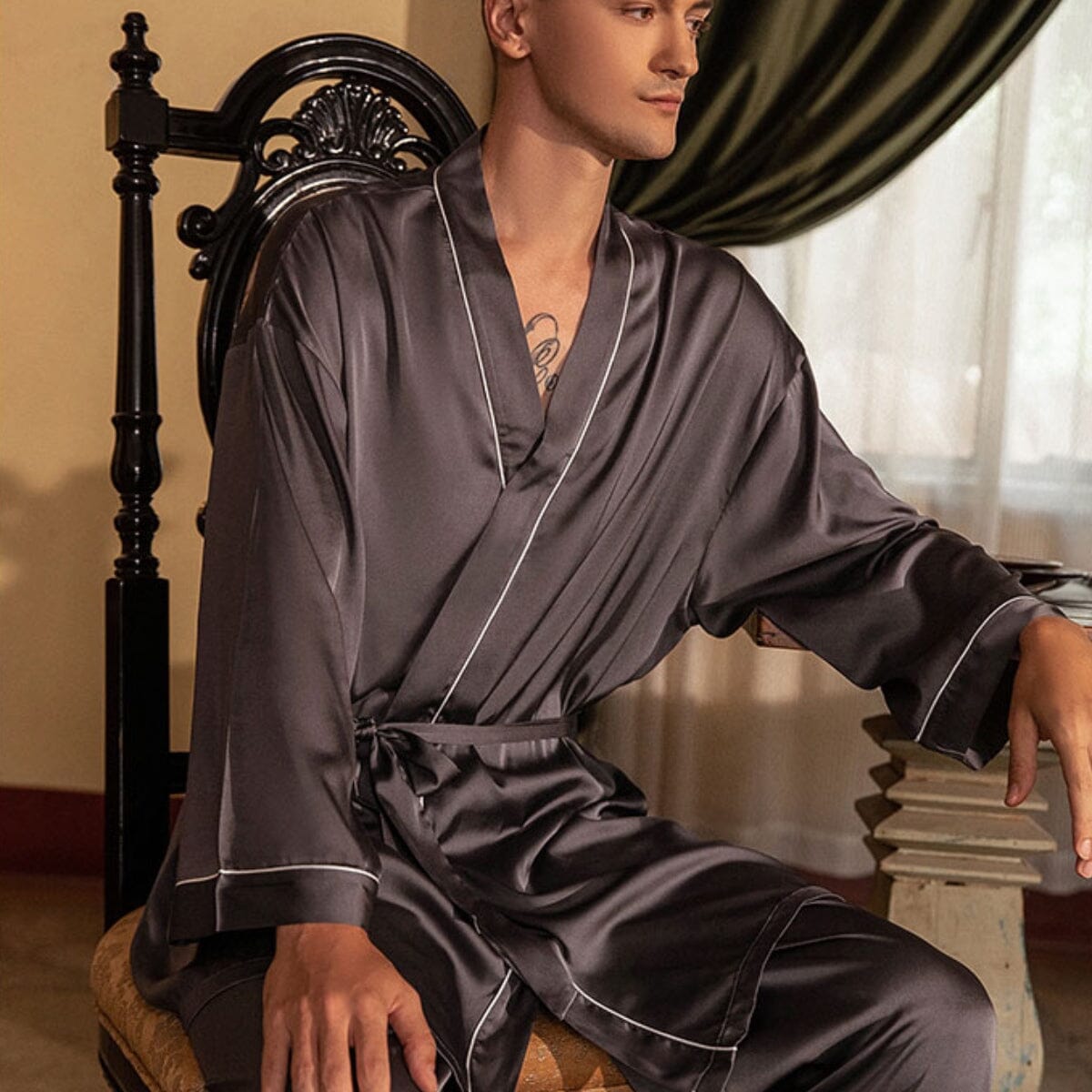 Oxford men satin robe set LOVEFREYA Small Greyish blue Intimates