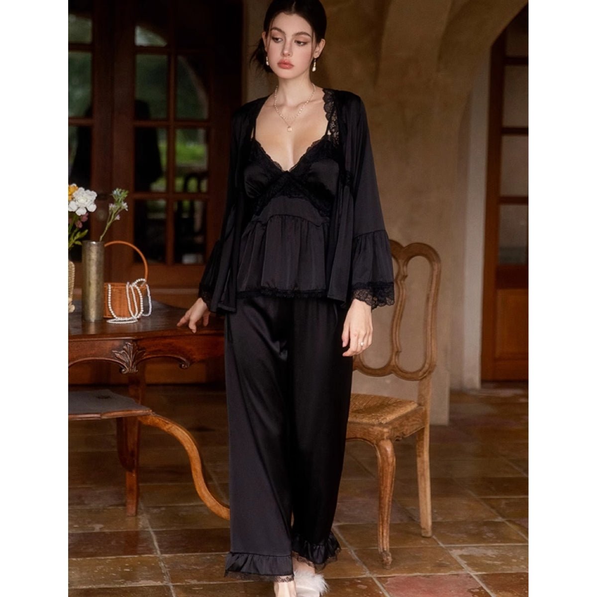 Remmie satin cardigan pj set LOVEFREYA Small Black Intimates