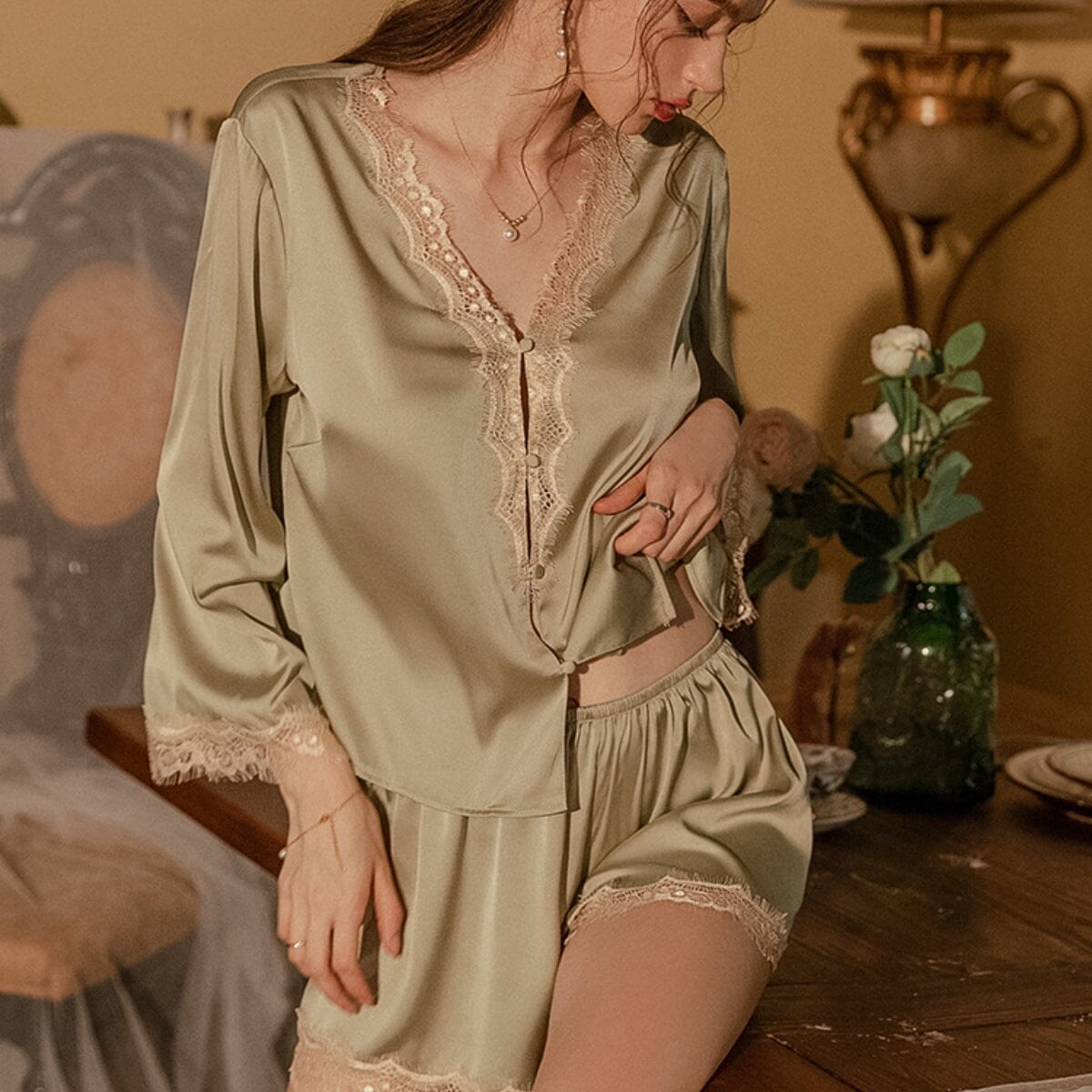 Rev long sleeve satin cami set LOVEFREYA Small Green tea Intimates