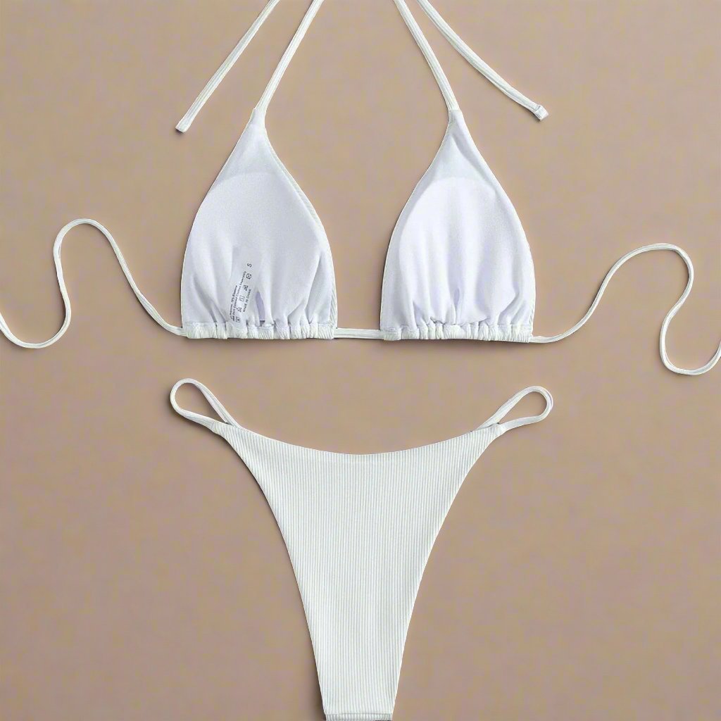 Ribbed Triangle halter bikini LOVEFREYA X S White Bikini