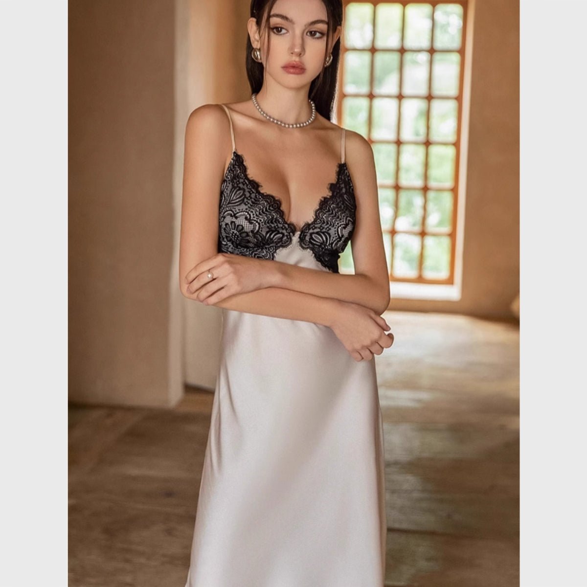 Samira midi lace and satin slip LOVEFREYA Small Champagne Intimates