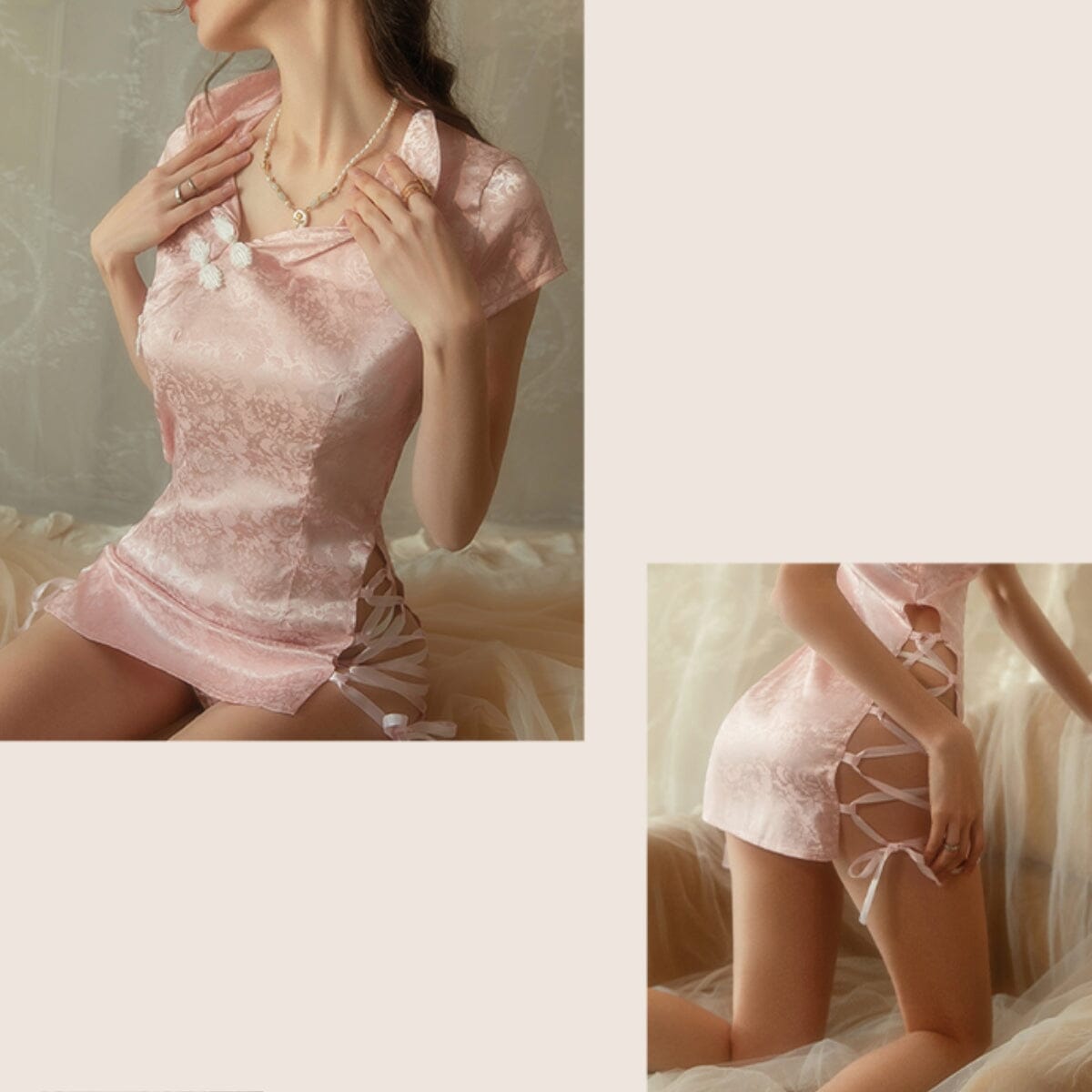 Side slit satin cheongsam slip set LOVEFREYA Free size L pink Intimates