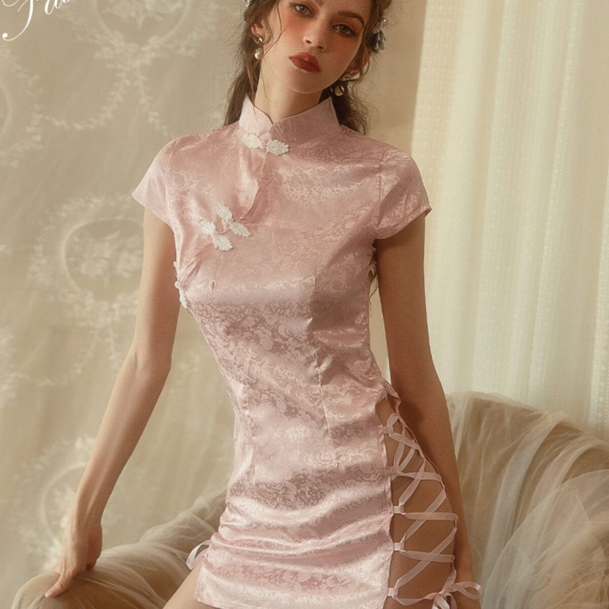 Side slit satin cheongsam slip set LOVEFREYA Free size L pink Intimates