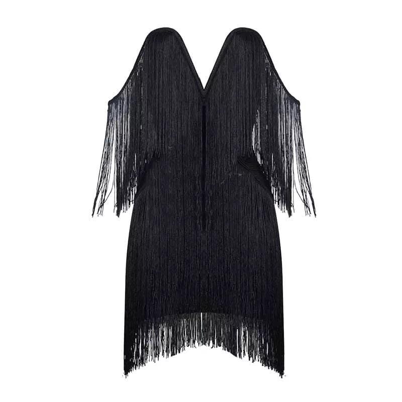 V - neck fringe bandage LOVEFREYA XS Black Dress