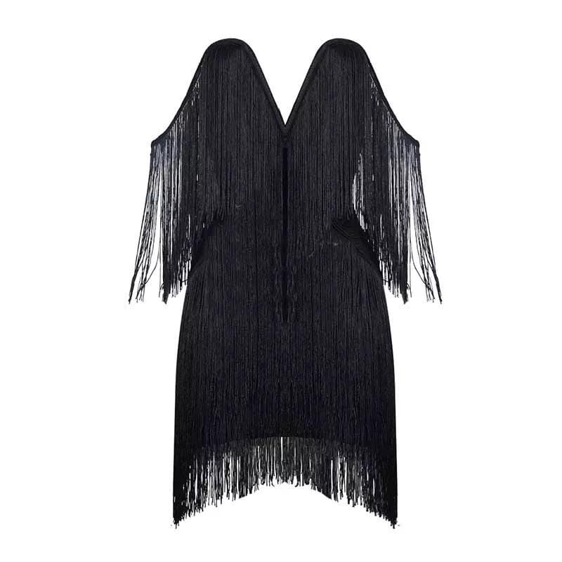 V - neck fringe bandage LOVEFREYA XS Black colour Dress